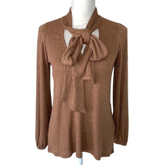Rachel Pally Womens Blouse Brown Size Small S Lurex Knit Tie Front Top Viscose - Picture 1 of 12